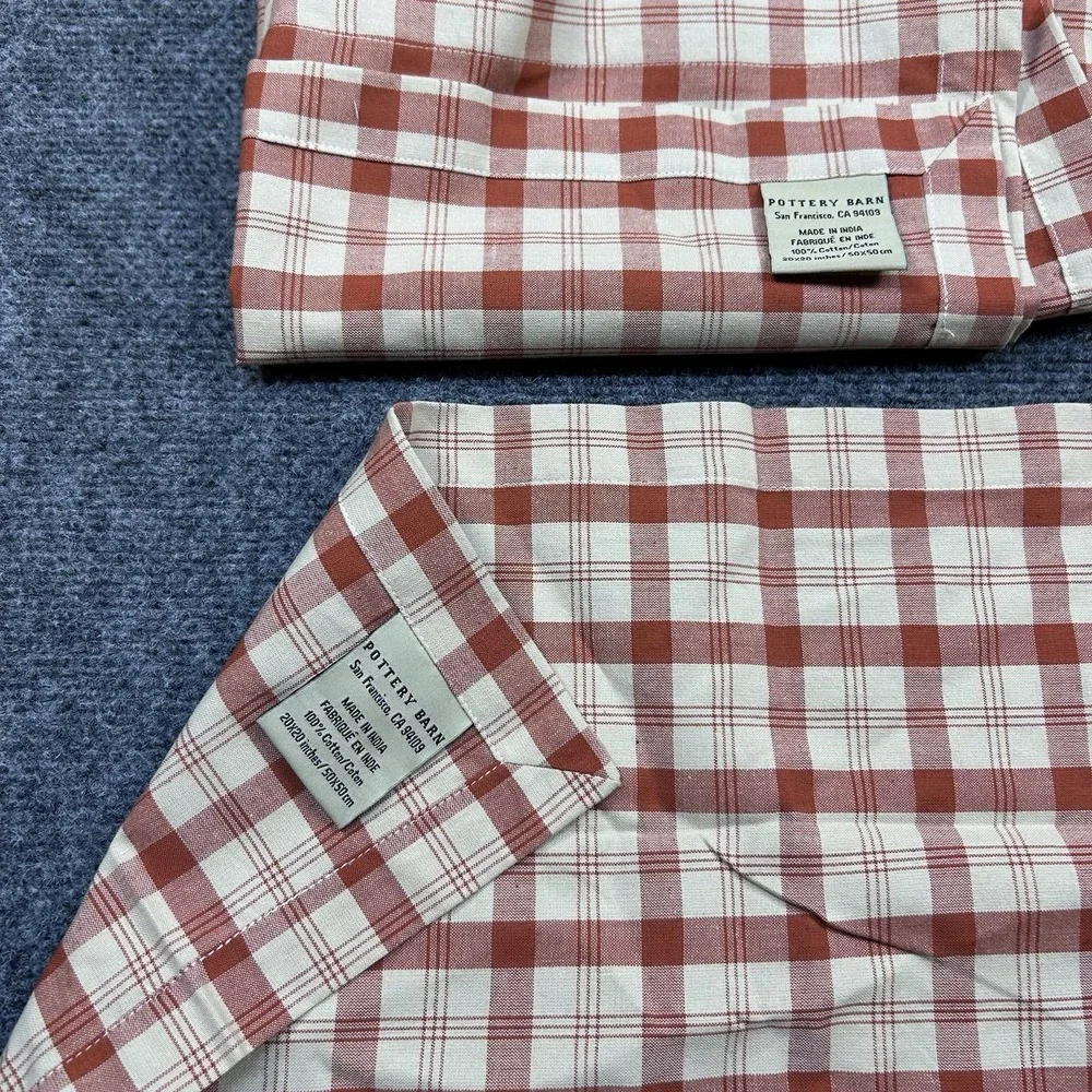 NWOT Pottery Barn Set Of 2 100% Cotton Napkins Gingham Orange Check Fall Autumn